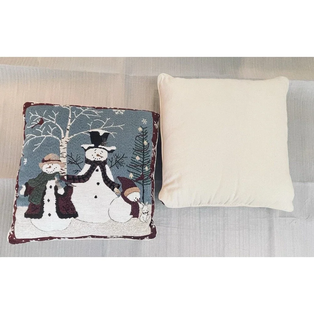 VTG Snowman Tapestry Throw Pillows 16x16 Lot of 2 Winter Christmas Holiday Decor